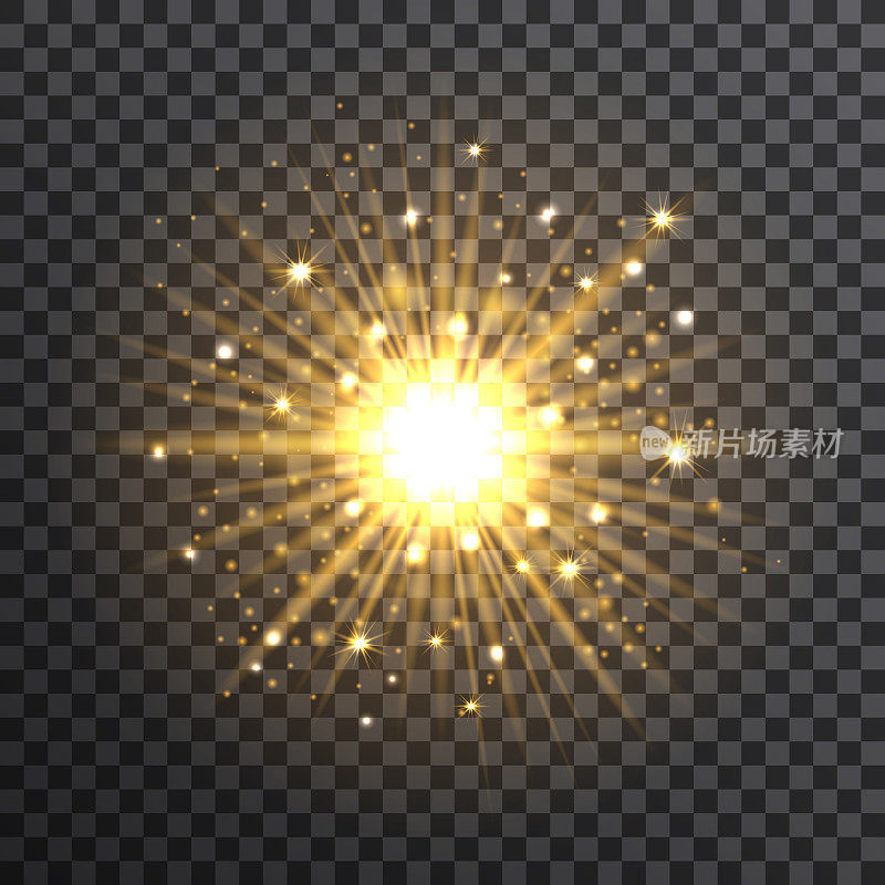 Gold bokeh sunburst on transparent background